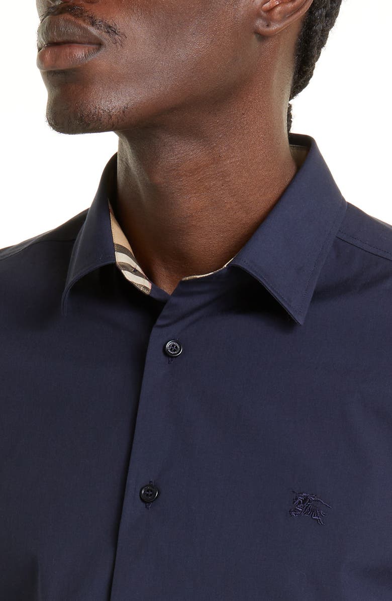 Burberry Sherfield Equestrian Knight Stretch Cotton Button-Up Shirt, Alternate, color, Navy