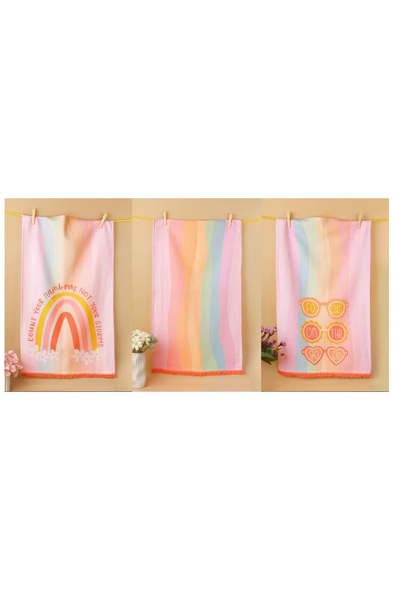 Count Your Rainbows Set of 3 Kitchen Towels, Alternate, color, PASTEL RAINBOW/ PINK