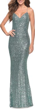 La Femme Soft Sequin Long Gown with Lace Up Back