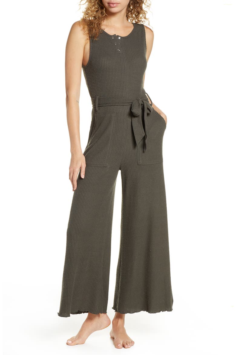 Belted Waffle Knit Henley Jumpsuit, Main, color, GREY BELUGA