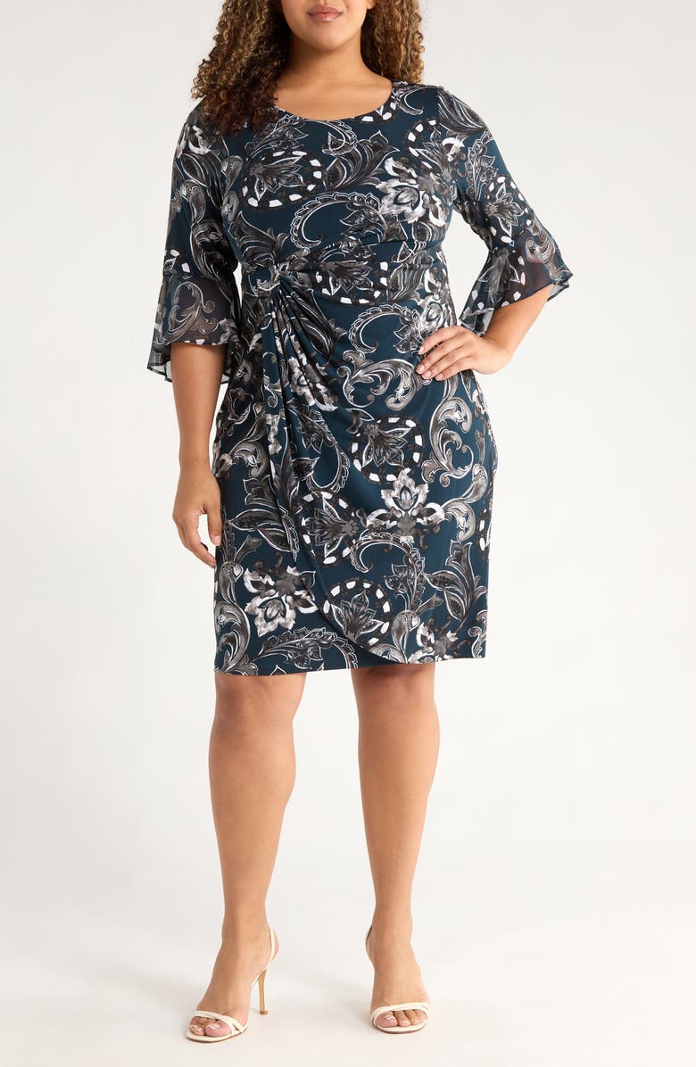 Connected Apparel Bell Sleeve Faux Wrap Dress, Main, color, Dark Mallard
