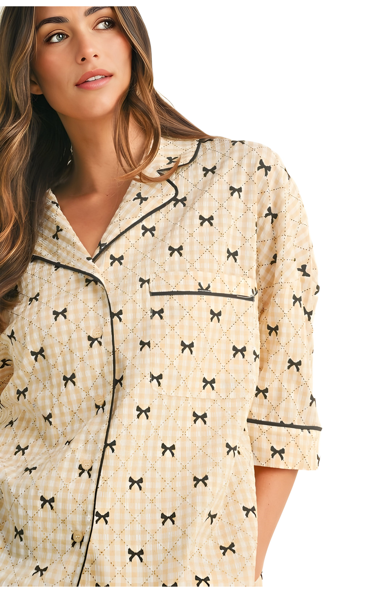 Knit and Lounge Satin Bow Print Pajama Set with Contrast Piping, Alternate, color, 