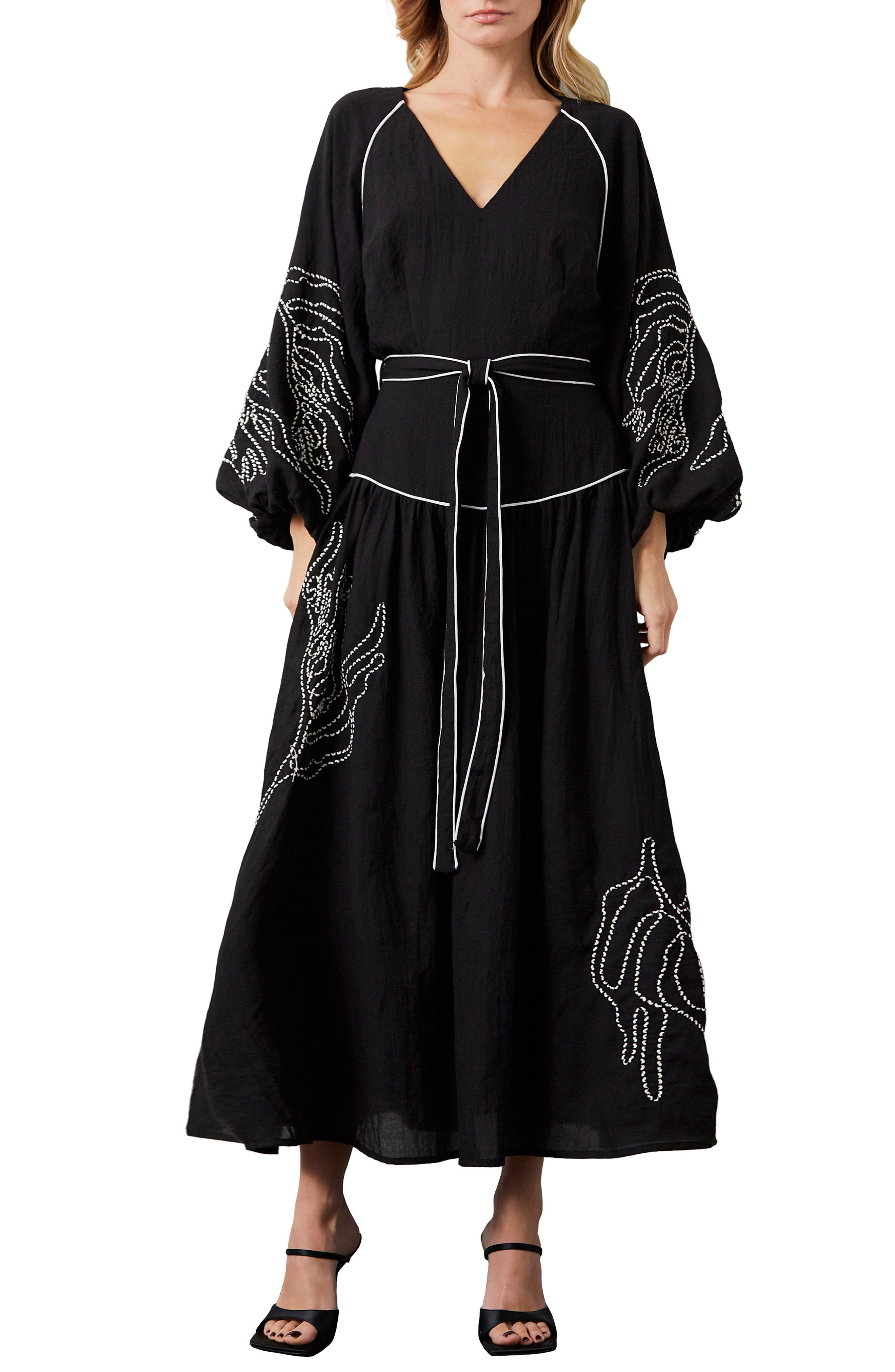 CIEBON Faye Embroidered Tie Waist Long Sleeve Maxi Dress