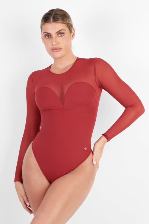 Popilush Shapewear Illusion Mesh Long Sleeve Tummy Control Bodysuit In Poppy Red