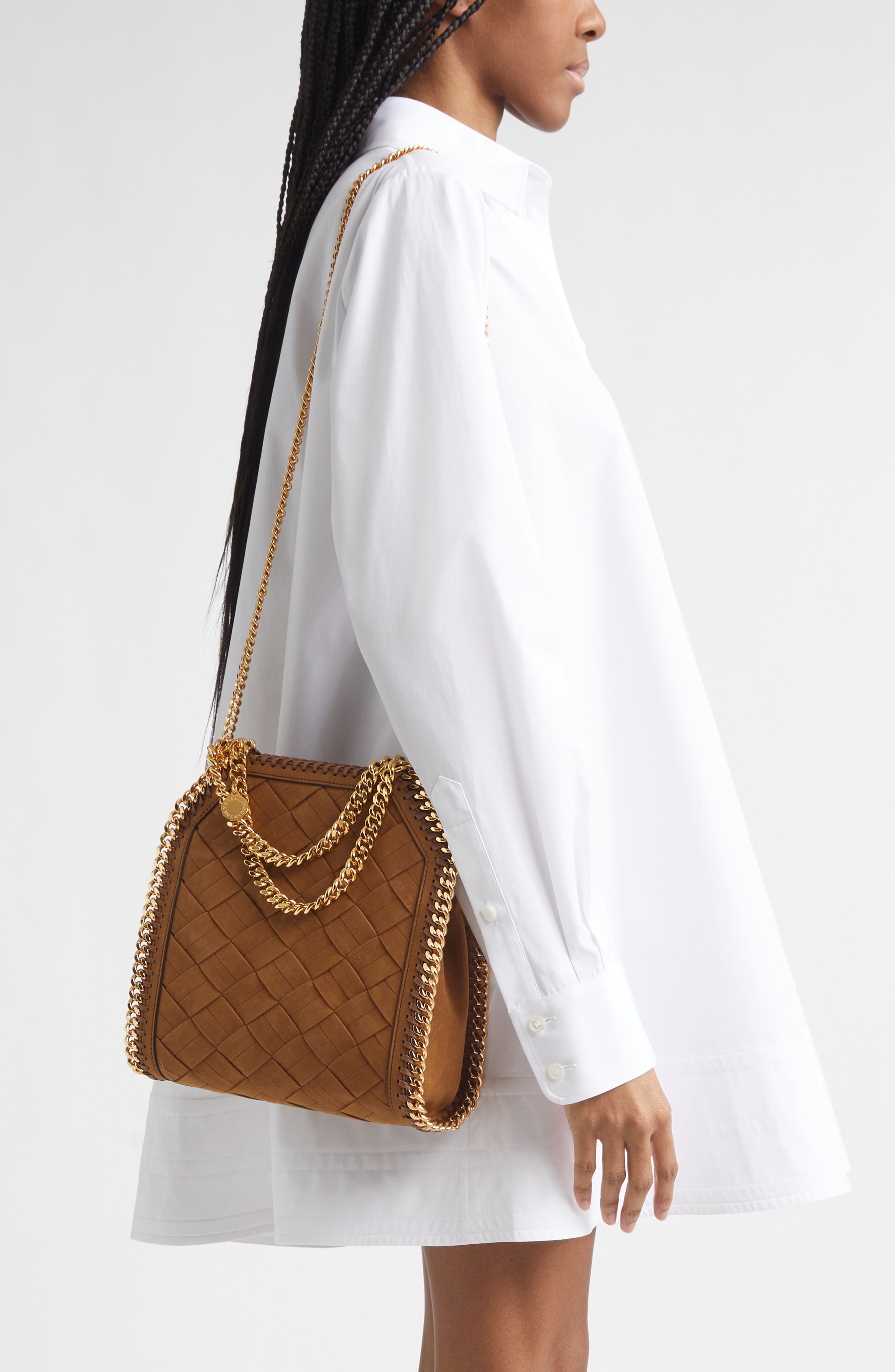 Stella McCartney Mini Falabella Woven Faux Suede Crossbody Bag, Alternate, color, Brandy