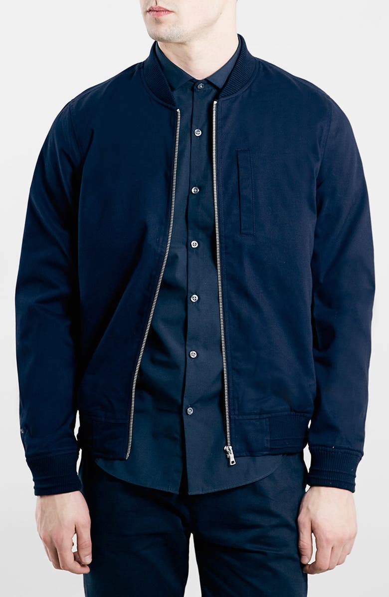 Topman Navy Cotton Bomber Jacket, Main, color,