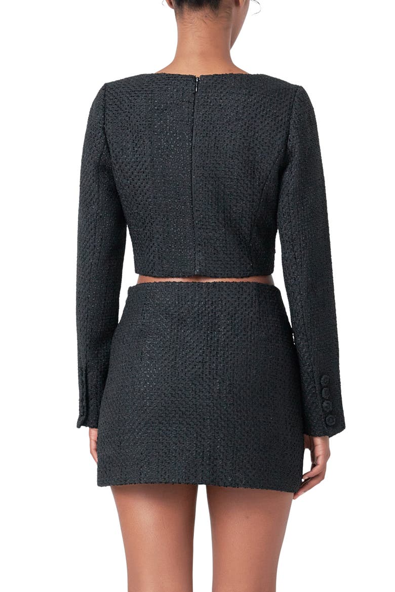 Long Sleeve Tweed Crop Top, Alternate, color, BLACK