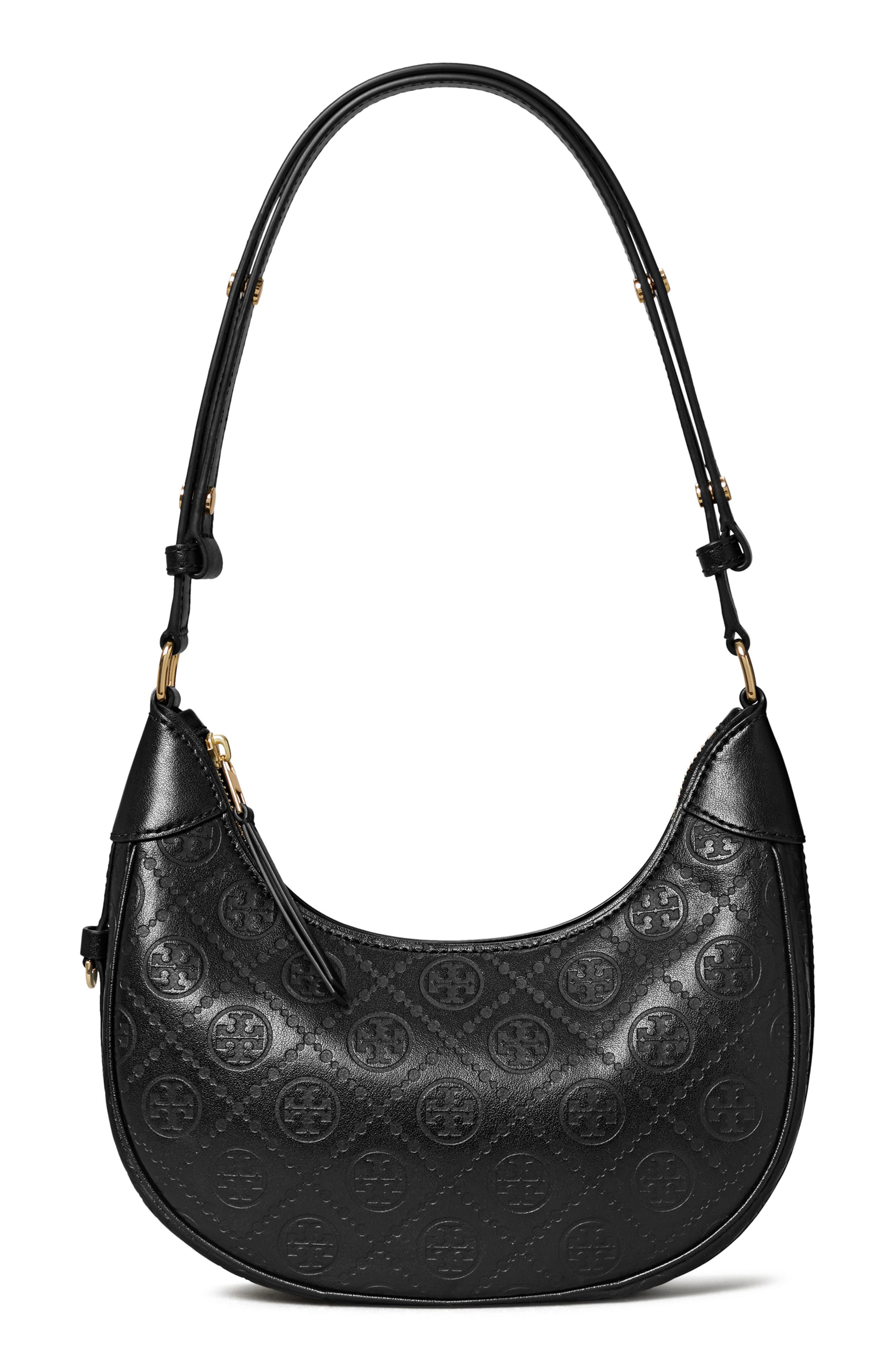 Tory Burch T-Monogram Embossed Crescent Shoulder Bag, Main, color, Black