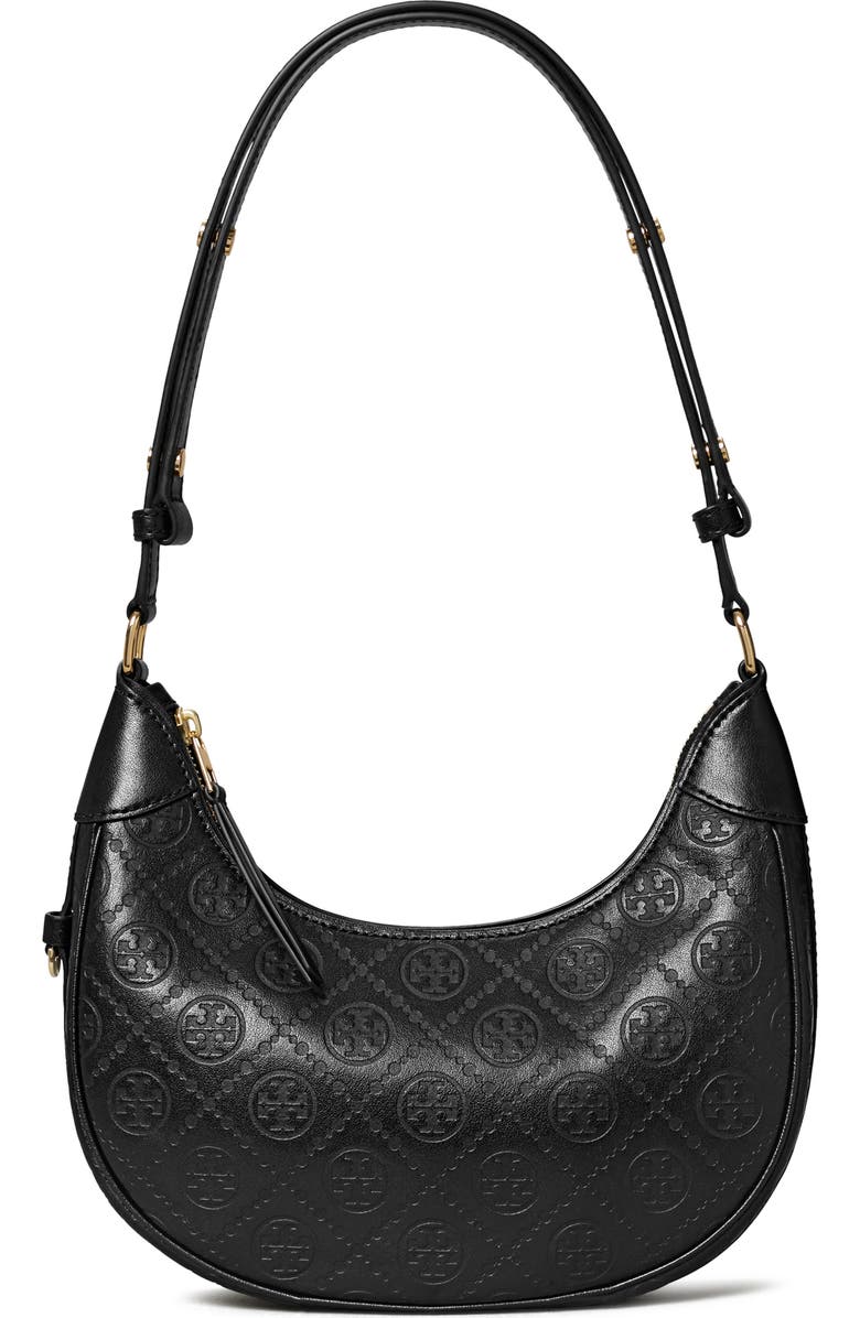 Tory Burch T-Monogram Embossed Crescent Shoulder Bag, Main, color, Black