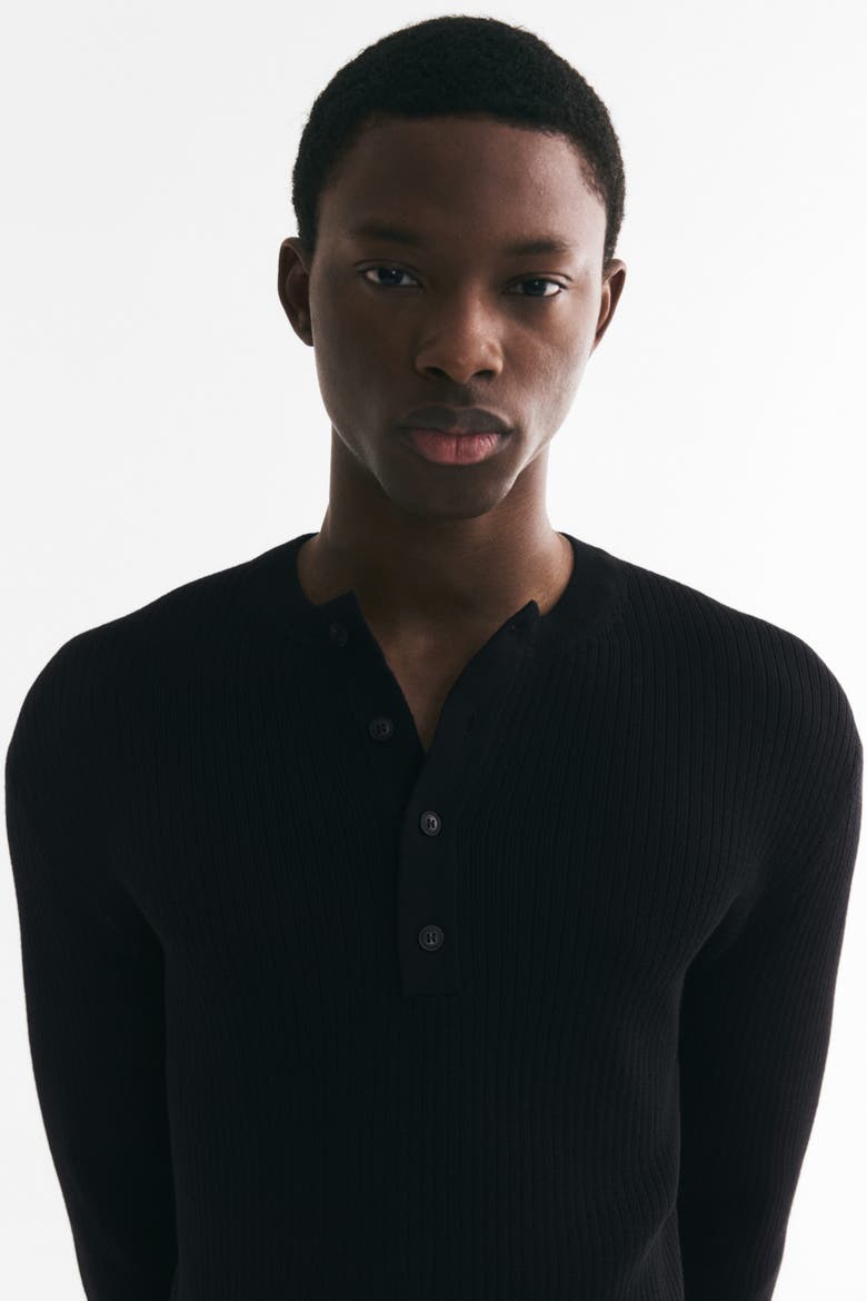 Slim-fit Ribbed Henley Shirt, Alternate, color, Black