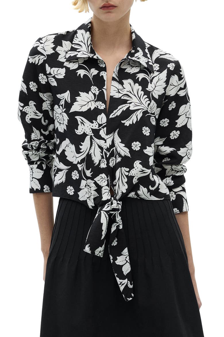 Floral Long Sleeve Knot Tie Top, Main, color, BLACK