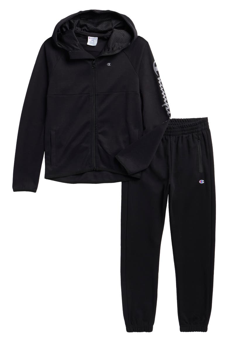 Kids' Double Knit Zip Up Hoodie & Pants Set, Main, color, BLACK ONYX