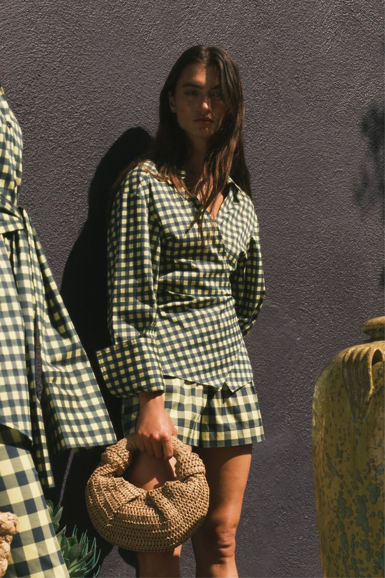 Anya Poplin Wrap Top, Alternate, color, Peridot/Ebony Gingham
