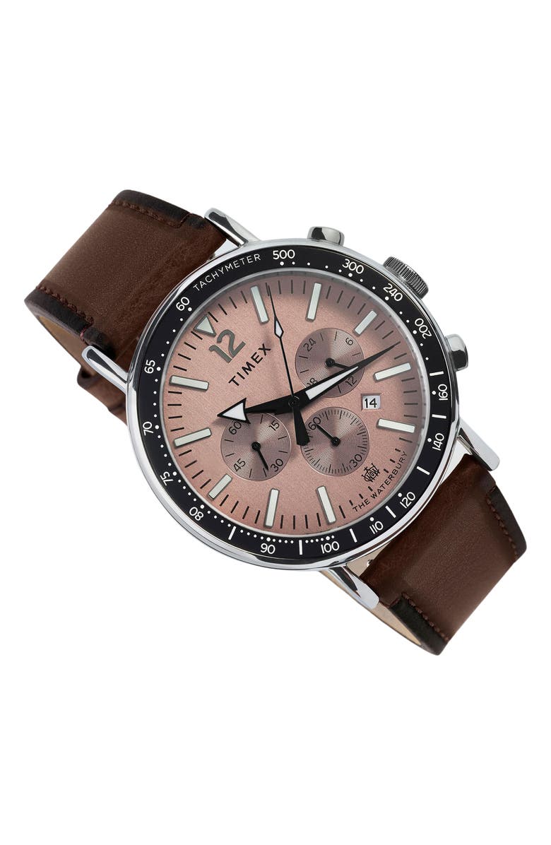 Timex<sup>®</sup> Waterbury Standard Chronograph Leather Strap Watch, 43mm, Alternate, color,