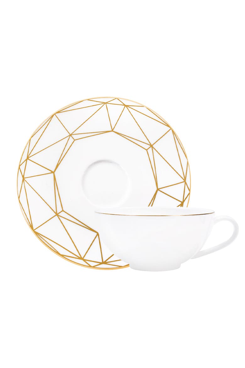 Gem Cut Gold Tea Cup & Saucer, Main, color, White