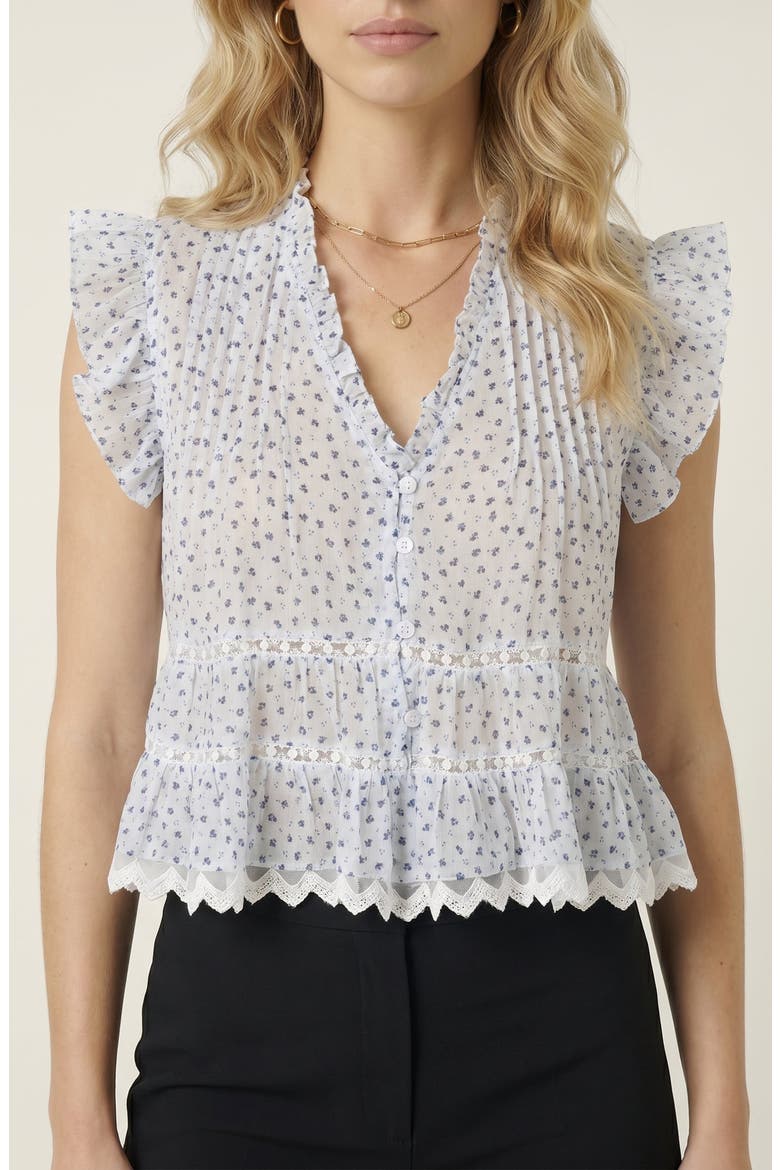 Ruffled V-Neck Button-Front Tiered Lace Hem Blouse, Alternate, color, White