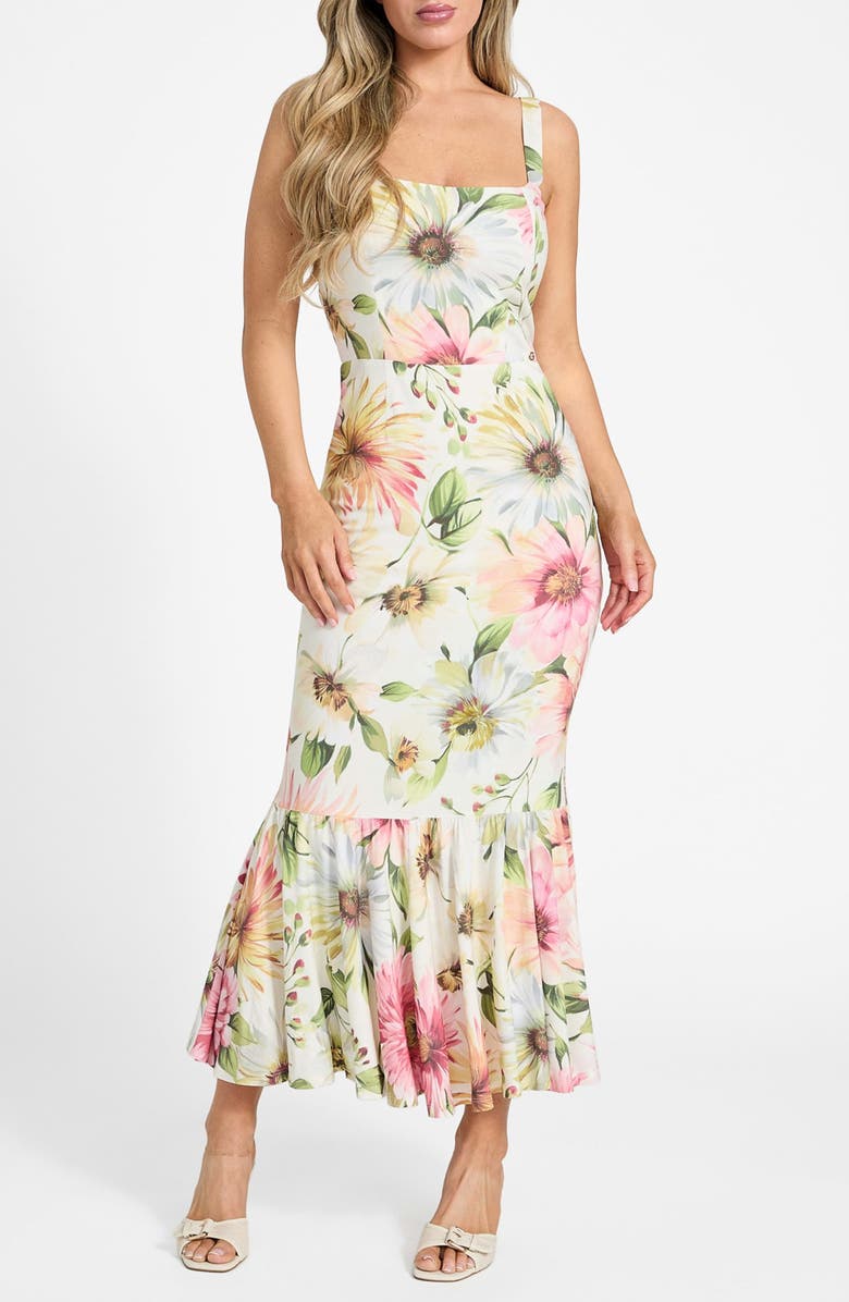 GUESS Fleur Print Ruffle Hem Midi Dress, Main, color, 