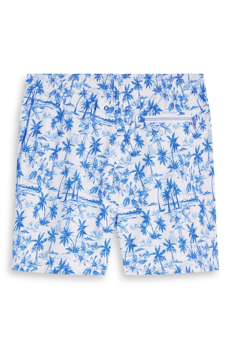 Bugatchi Kai Tropical Print Swim Trunks, Alternate, color, Classic Blue