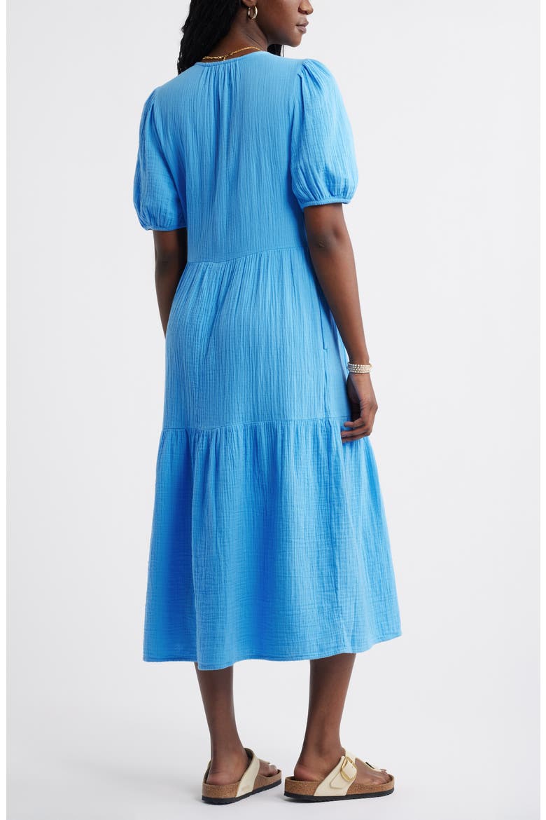 Puff Sleeve Tiered Cotton Gauze Midi Dress, Alternate, color, BLUE MAYA