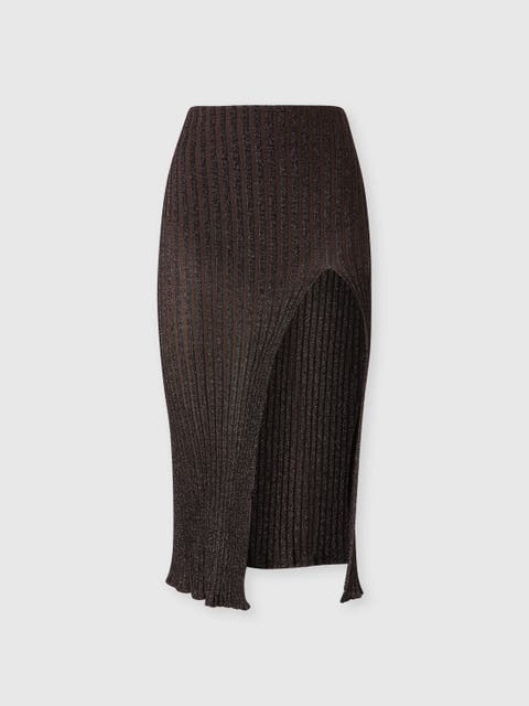 Ribbed Viscose Lamé Midi Skirt With Slit