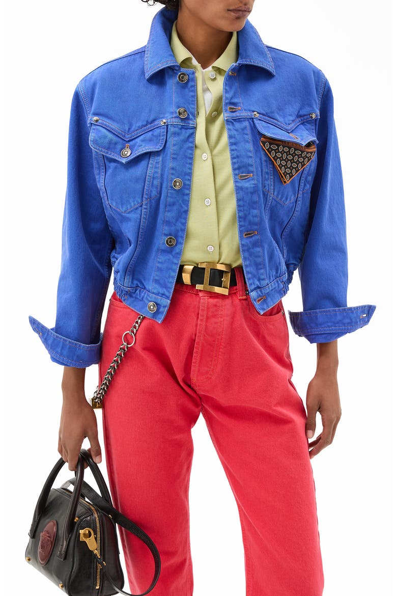 Gender Inclusive Crop Denim Trucker Jacket, Main, color, SKY BLUE