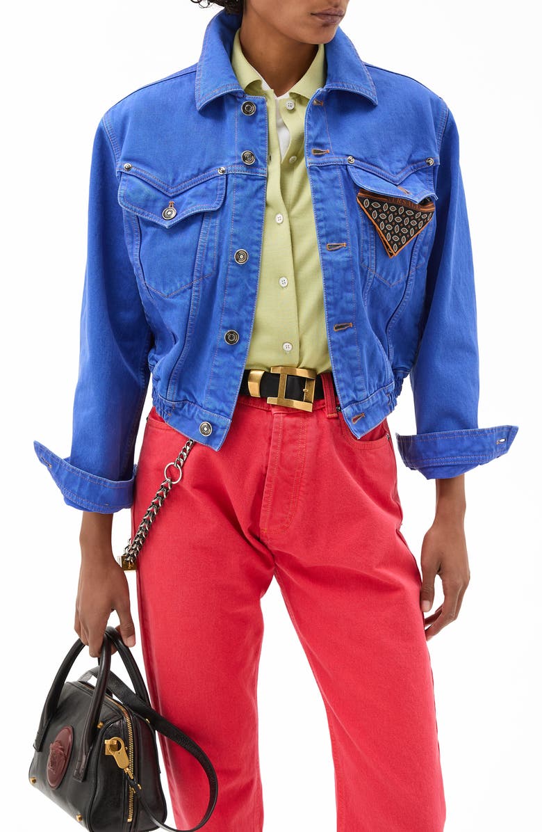 Versace Gender Inclusive Crop Denim Trucker Jacket, Main, color, Sky Blue