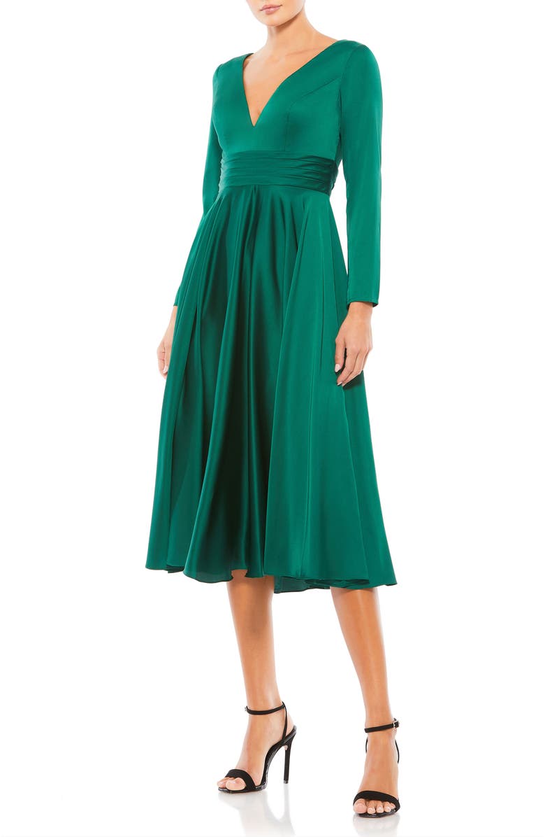 Mac Duggal Plunge Neck Satin A-Line Dress, Main, color, Emerald
