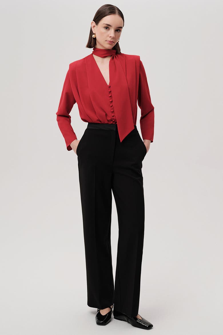 Sandy Draped Long Sleeve Bodysuit, Alternate, color, RED