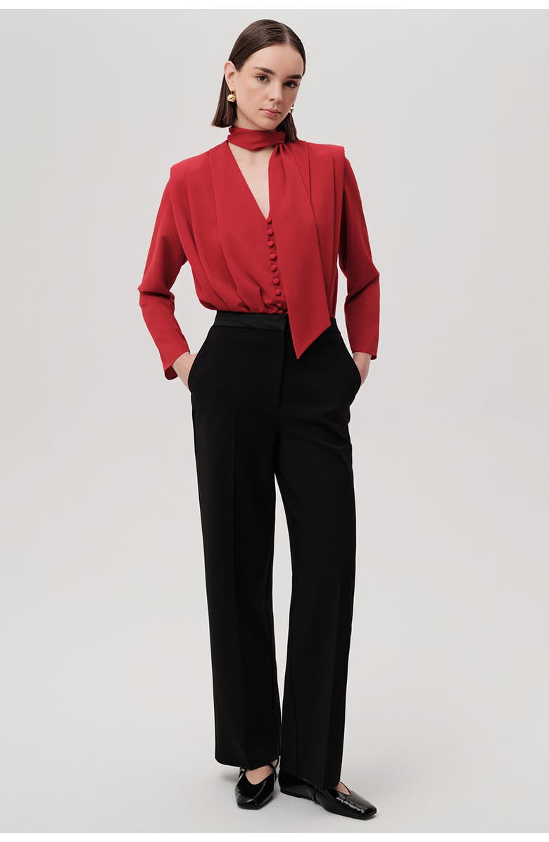 Exquise Draped Long Sleeve Bodysuit, Alternate, color, Red