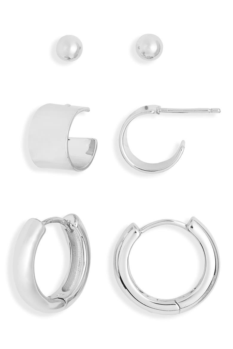 3-Pack Hoop & Stud Earrings, Main, color, SILVER