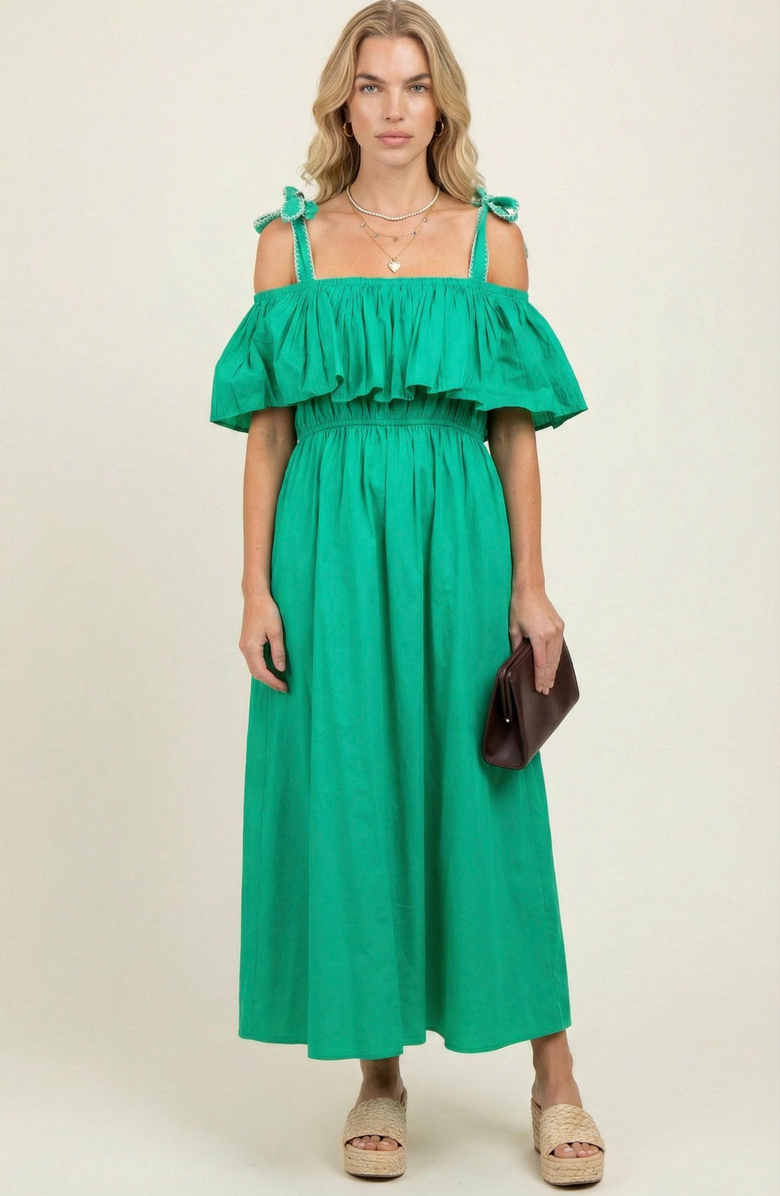 Modenaire Off Shoulder Ruffle Smocked Midi Dress, Main, color, Emerald Green