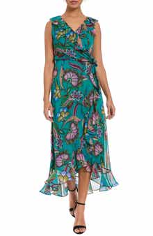 London Times Ruffle Faux Wrap Midi Dress