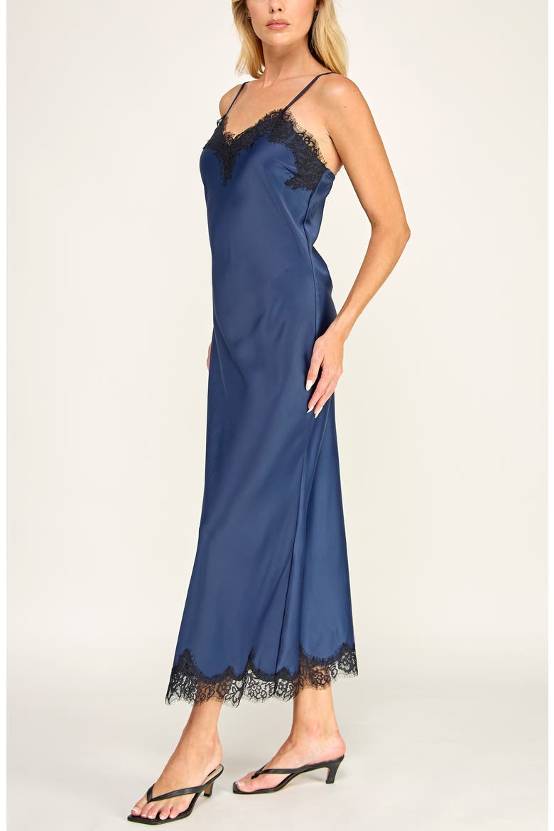Lace Trim Satin Slip Midi Dress, Alternate, color, NAVY/ BLACK