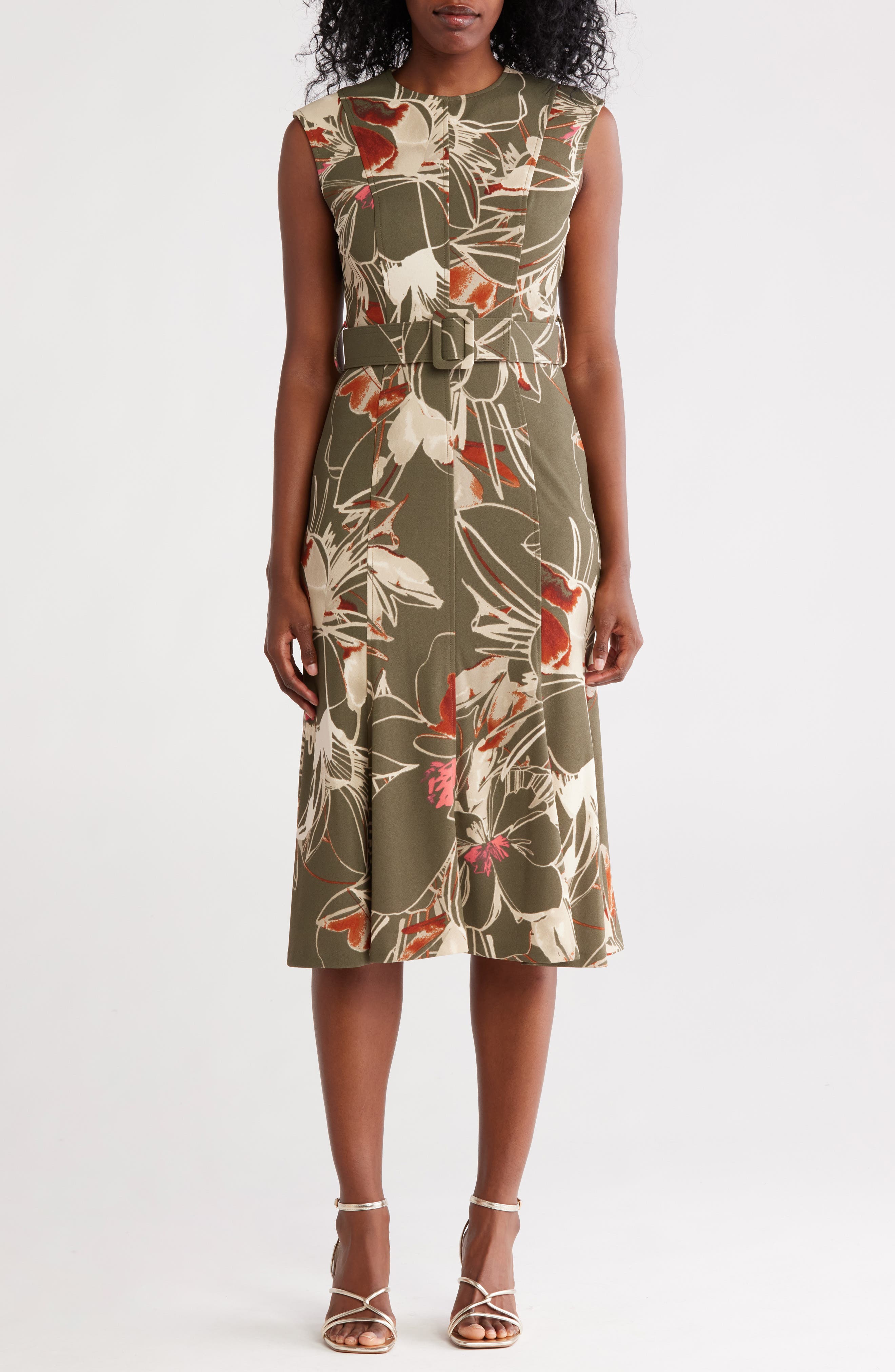 Calvin Klein Floral Sleeveless Belted A-Line Midi Dress