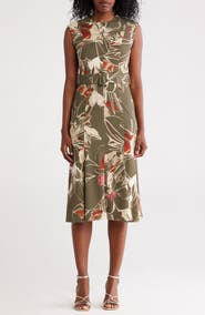 Calvin Klein Floral Sleeveless Belted A-Line Midi Dress