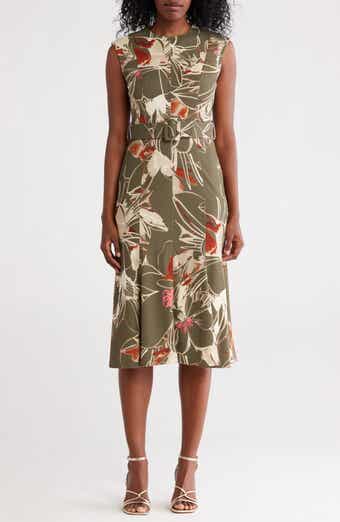 Calvin Klein Floral Sleeveless Belted A-Line Midi Dress