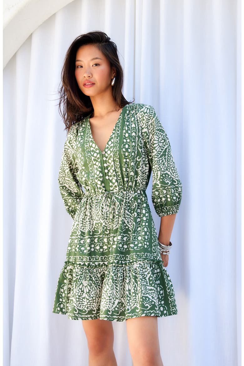 Tasha Drawstring Waist Tiered Cotton Dress, Alternate, color, GREEN PRINT