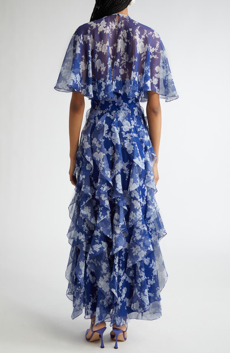 Carolina Herrera Floral Print Ruffle Silk Chiffon Midi Dress, Alternate, color, Nautilus Multi