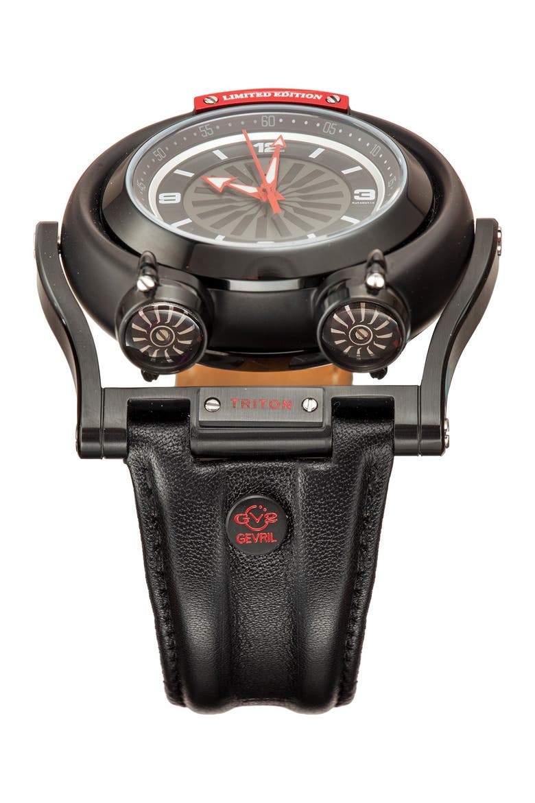Triton Limited Edition Swiss Automatic Leather Strap Watch, 48mm, Alternate, color, BLACK