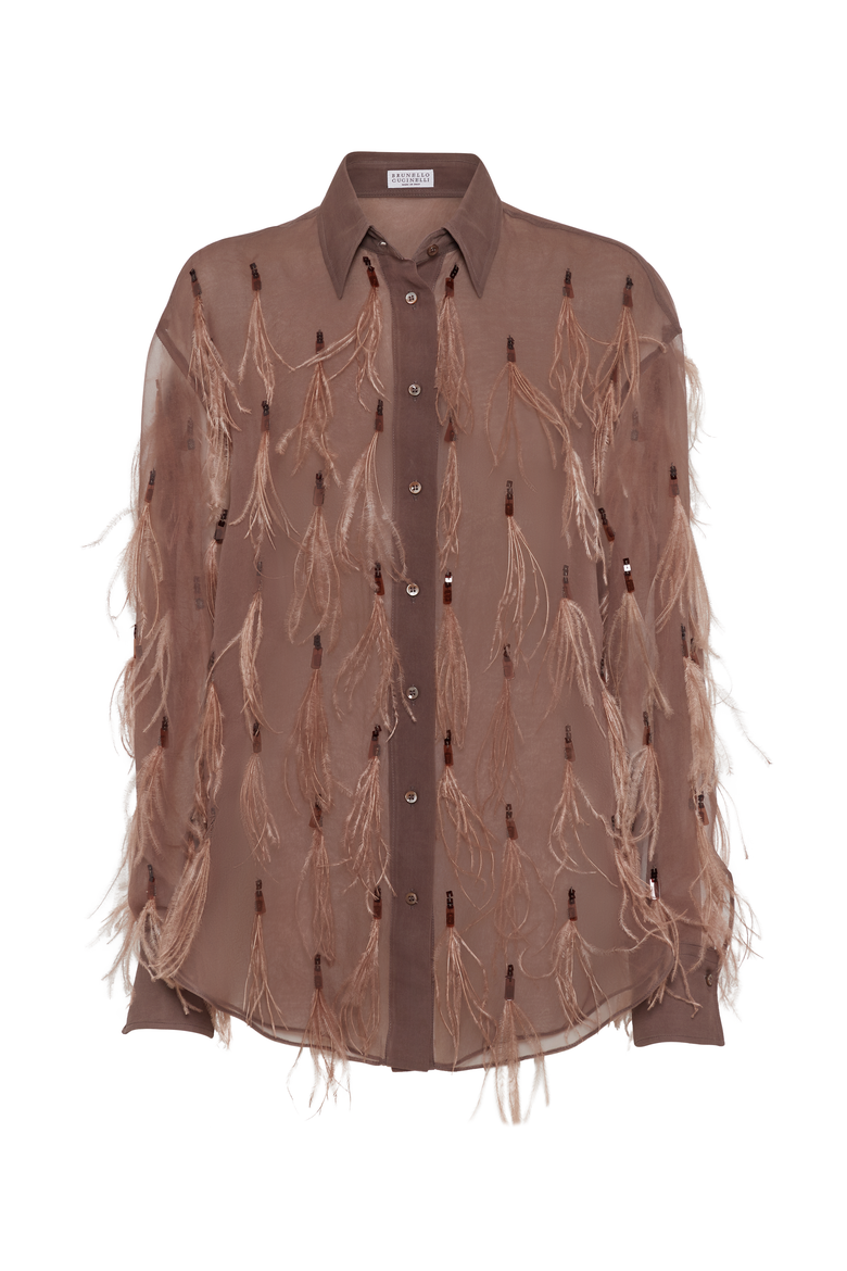 Crispy silk shirt with dazzling feather embroidery, Main, color, Brown