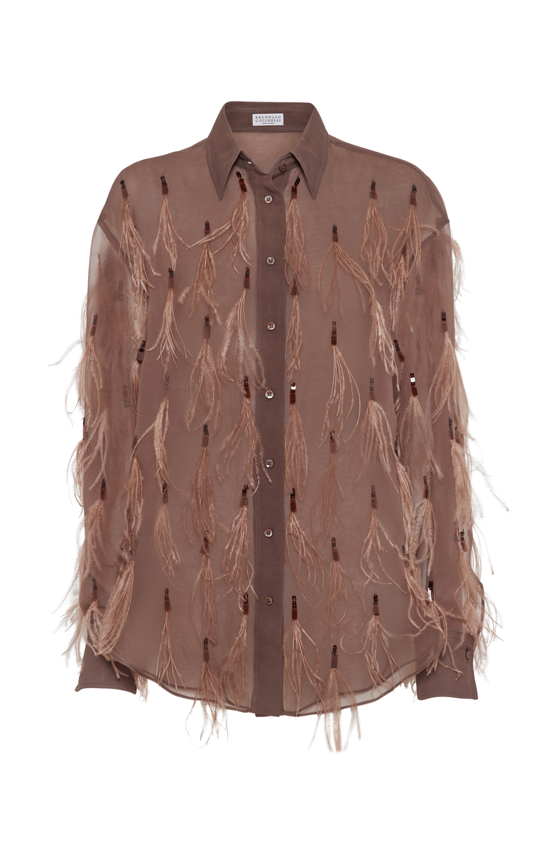 Brunello Cucinelli Crispy silk shirt with dazzling feather embroidery, Main, color, 