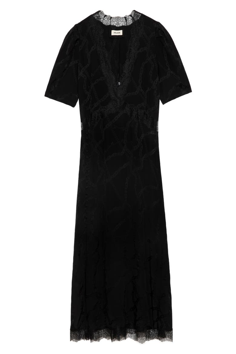 Redox Jac Chaines Lace Trim Silk Dress, Alternate, color, NOIR