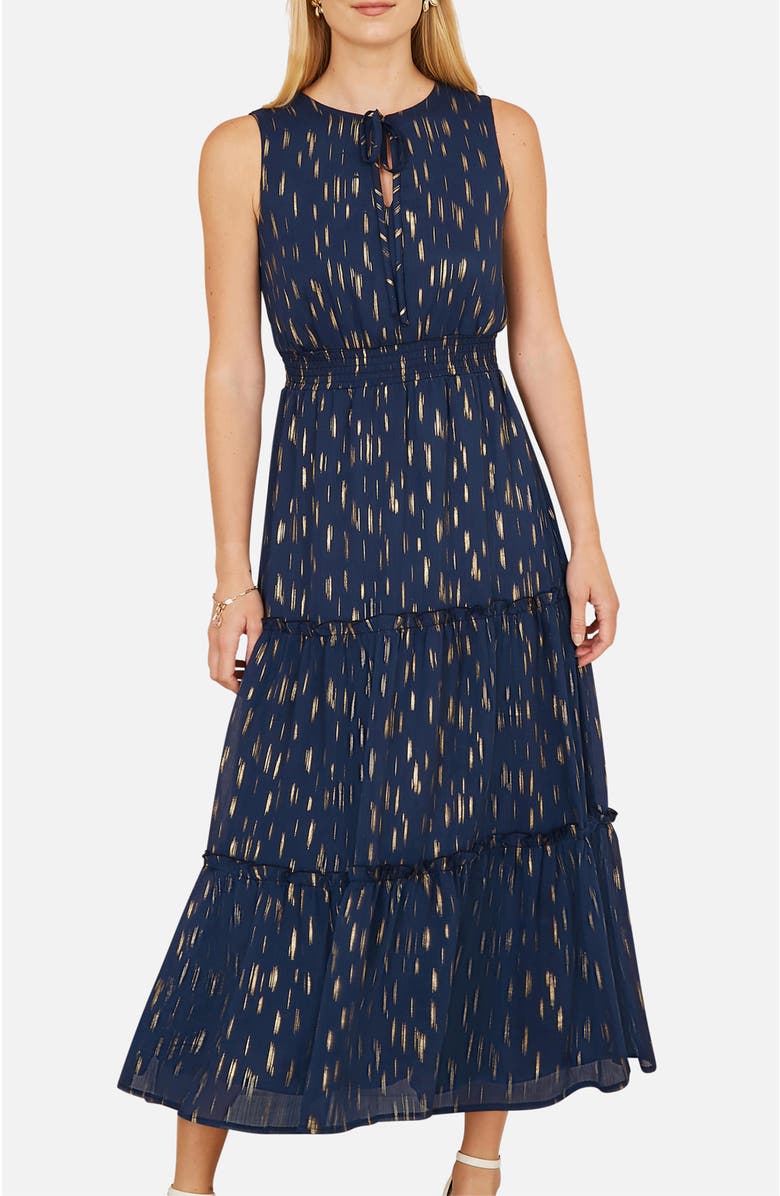 Yumi Foil Print Ruched Waist Midi Dress, Alternate, color, Navy