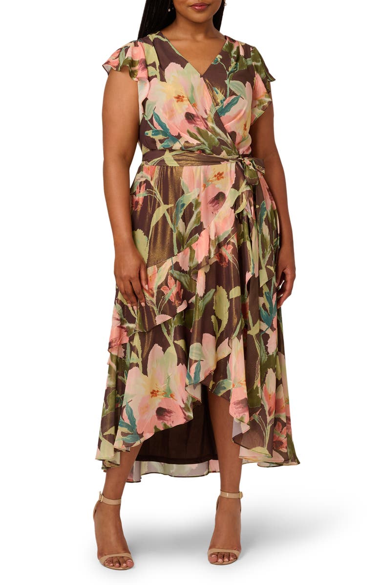Adrianna Papell Floral High-Low Cocktail Dress, Main, color, Brown Multi