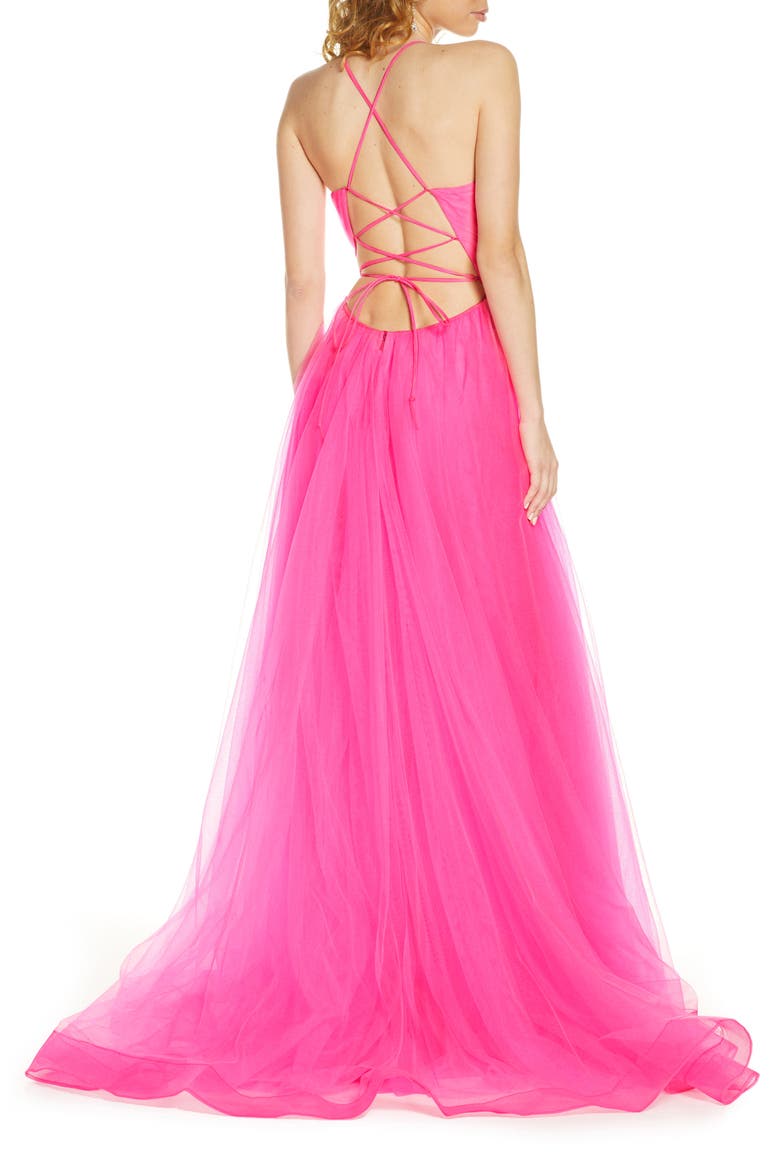 Long Tulle A-line Gown with Side Slit and Pockets, Alternate, color, NEON PINK