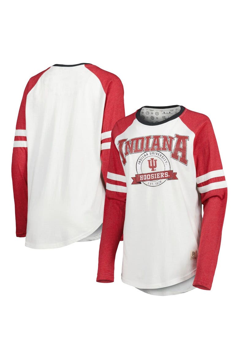 Women's Pressbox White/Crimson Indiana Hoosiers Brooking Sleeve Stripe Raglan Long Sleeve T-Shirt, Main, color, White