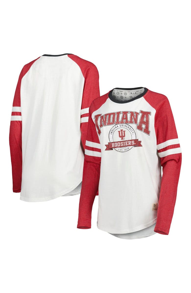 PRESSBOX Women's Pressbox White/Crimson Indiana Hoosiers Brooking Sleeve Stripe Raglan Long Sleeve T-Shirt, Main, color,