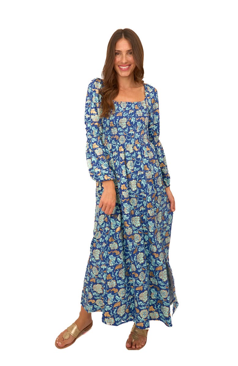 Cabana Life Navy Floral Metallic Puff Sleeve Maxi Dress, Main, color, 