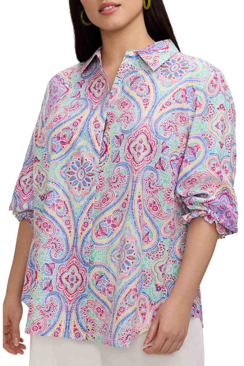 Olivia Paisley Smocked Cuff Linen Blend Button-Up Shirt, Main, color, GREEN/ MULTI