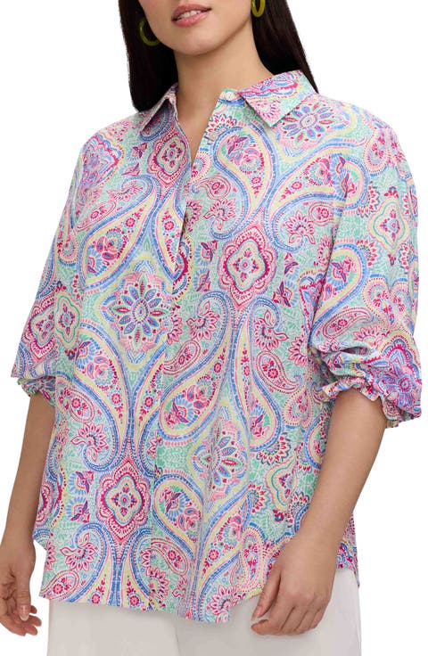 Olivia Paisley Smocked Cuff Linen Blend Button-Up Shirt (Plus)